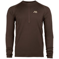 Dark brown long-sleeve quarter-zip top with a tan chest logo and thumb holes.