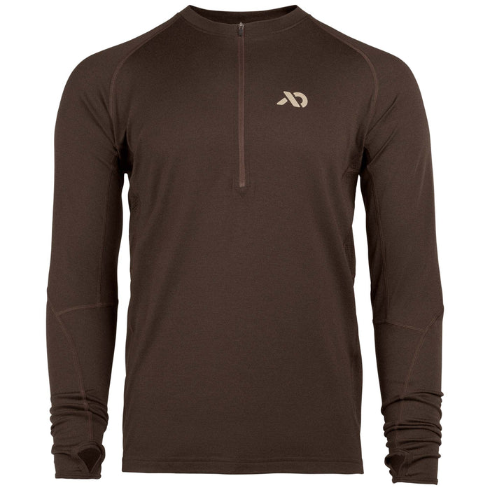 Dark brown long-sleeve quarter-zip top with a tan chest logo and thumb holes.