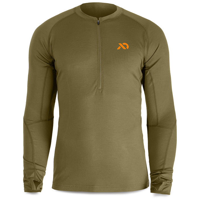 Olive green long-sleeve quarter-zip top with an orange chest logo, raglan sleeves, and thumbholes.