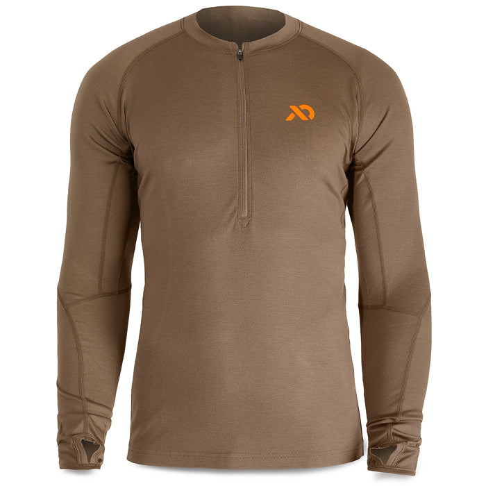 Dry earth brown long-sleeve quarter-zip shirt with an orange logo on the chest, visible flatlock seams, and thumbholes.
