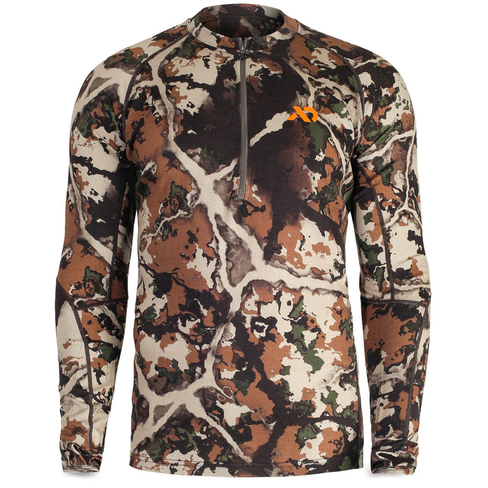 Long-sleeve quarter-zip shirt in brown, green, and cream camouflage, featuring an orange chest logo and exposed seams.