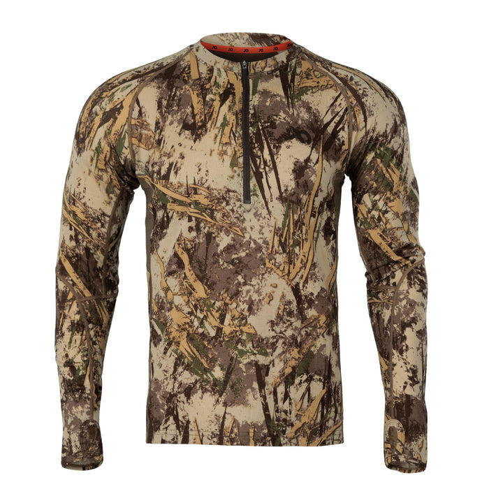 Camouflage long-sleeve quarter-zip shirt with beige, brown, green pattern, and thumbholes.