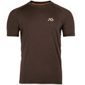 Dark brown short-sleeve t-shirt featuring a tan chest logo, raglan sleeves, and orange inner neck trim.