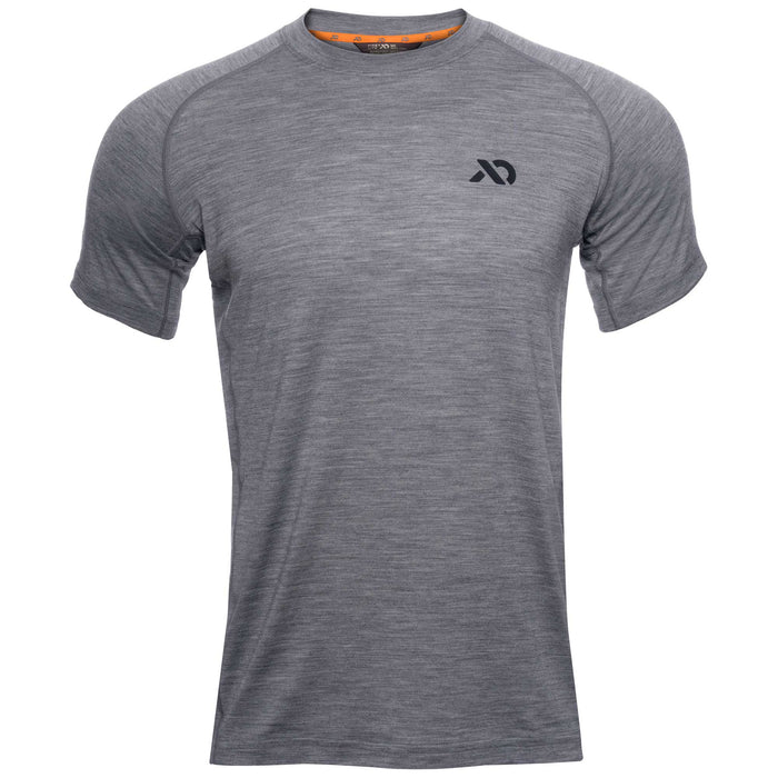 Grey short-sleeve t-shirt with raglan sleeves, a crew neck, a black chest logo, and an orange interior neck label.