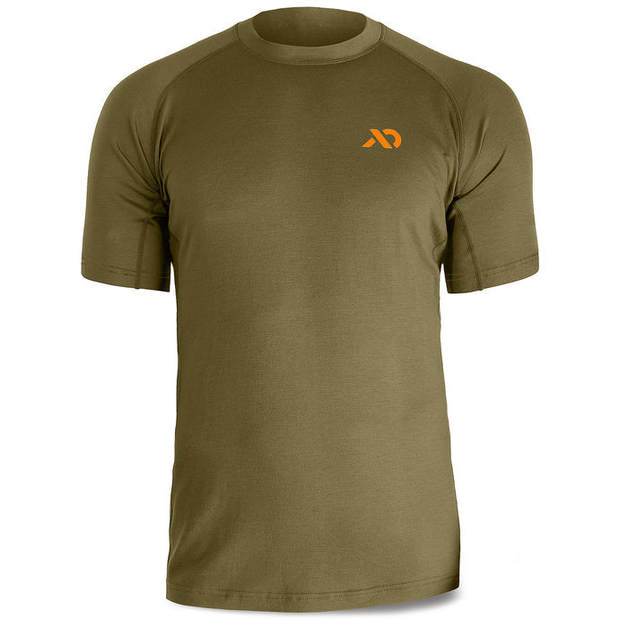 Olive green short-sleeve crew neck t-shirt with raglan sleeves and an orange logo on the left chest.