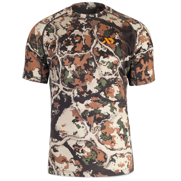 Short-sleeve camouflage t-shirt in brown, green, and black tones with cream-colored irregular shapes, featuring an orange logo on the chest.