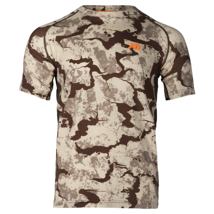 Tan, brown, and grey camouflage short-sleeve t-shirt with an orange logo on the chest and visible flatlock seams.