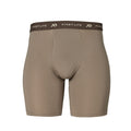 Tan ribbed performance boxer briefs with a dark brown elastic "FIRST LITE" logo waistband and a contoured pouch.