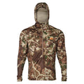 Brown, green, and beige camouflage hooded long-sleeve quarter-zip shirt with an orange chest logo.