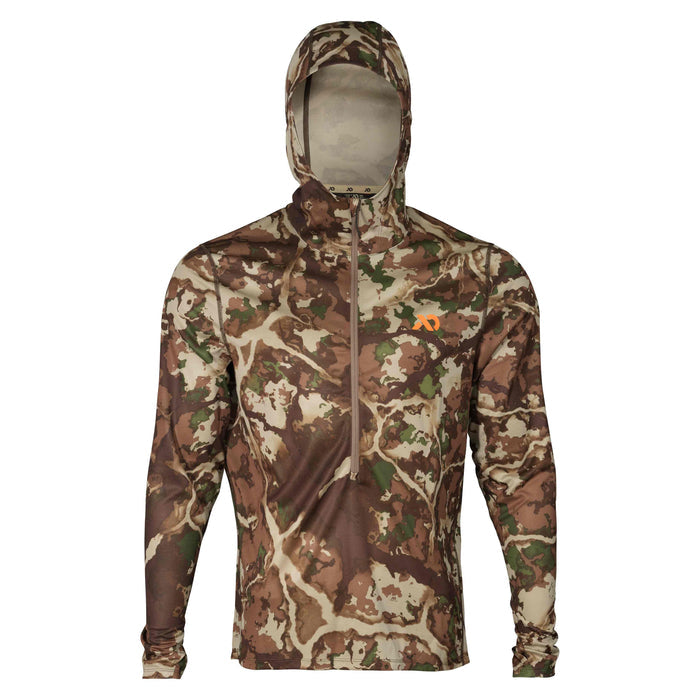 Brown, green, and beige camouflage hooded long-sleeve quarter-zip shirt with an orange chest logo.