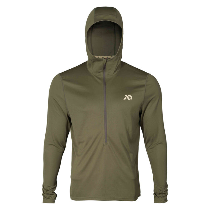 Olive green hooded long-sleeve quarter-zip shirt with a beige chest logo.