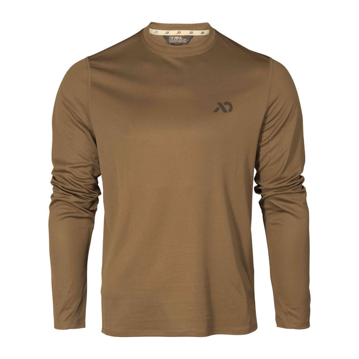 Coyote brown long-sleeve crew neck shirt with a dark brand logo on the left chest and a visible neck tag.