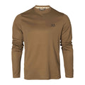 Coyote brown long-sleeve crew neck shirt with a dark brand logo on the left chest and a visible neck tag.