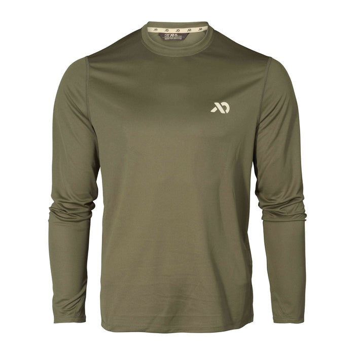 Olive green First Lite long-sleeve shirt with a subtle grid texture and white logo on the chest.