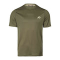 Olive green short-sleeve crew neck t-shirt with a light logo on the left chest and visible flatlock seams.