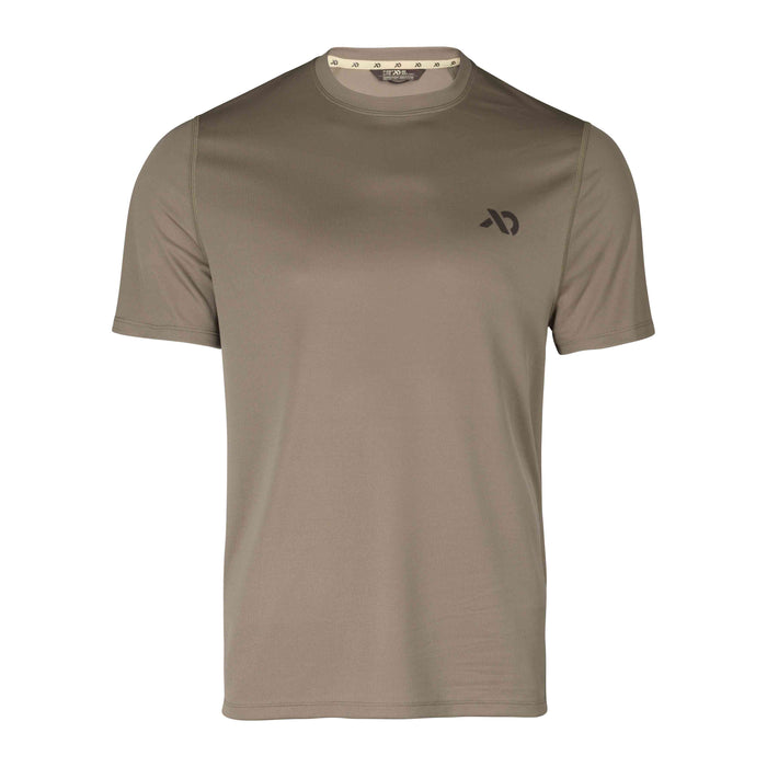Olive green short-sleeve t-shirt with a crew neck and a dark logo on the left chest.
