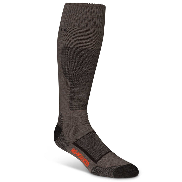 A dark gray over-the-calf sock featuring black reinforced zones on the heel, toe, and instep, with orange "MID-INSULATED" text.