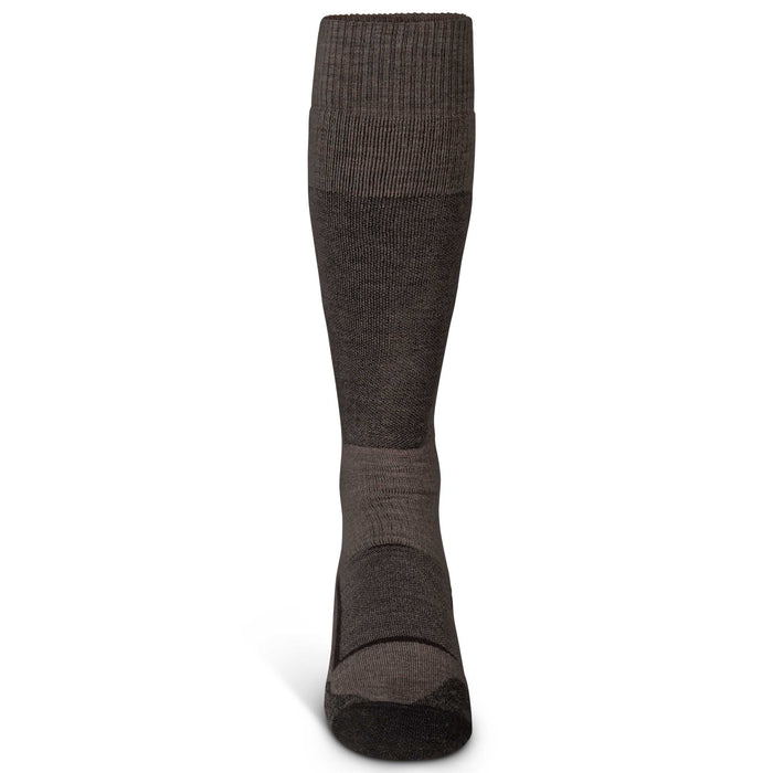 Single dark grey over-the-calf sock with a ribbed cuff and darker toe and heel.