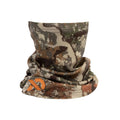Camouflage neck gaiter with an orange embroidered logo.