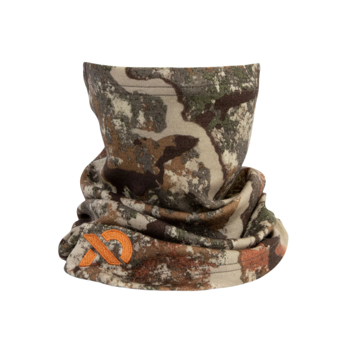 Camouflage neck gaiter with an orange embroidered logo.