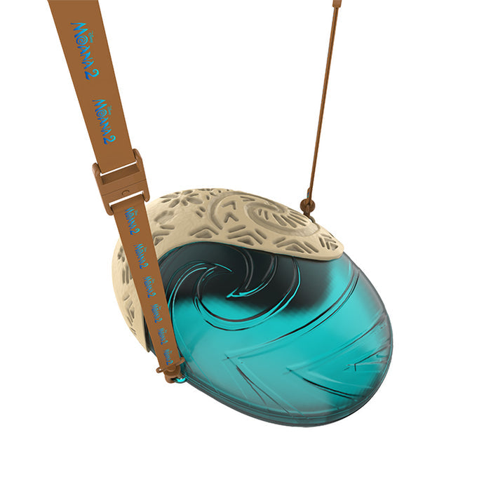 Front view of the Moana 2 Moana's Necklace Popcorn Bucket shaped like her iconic blue talisman
