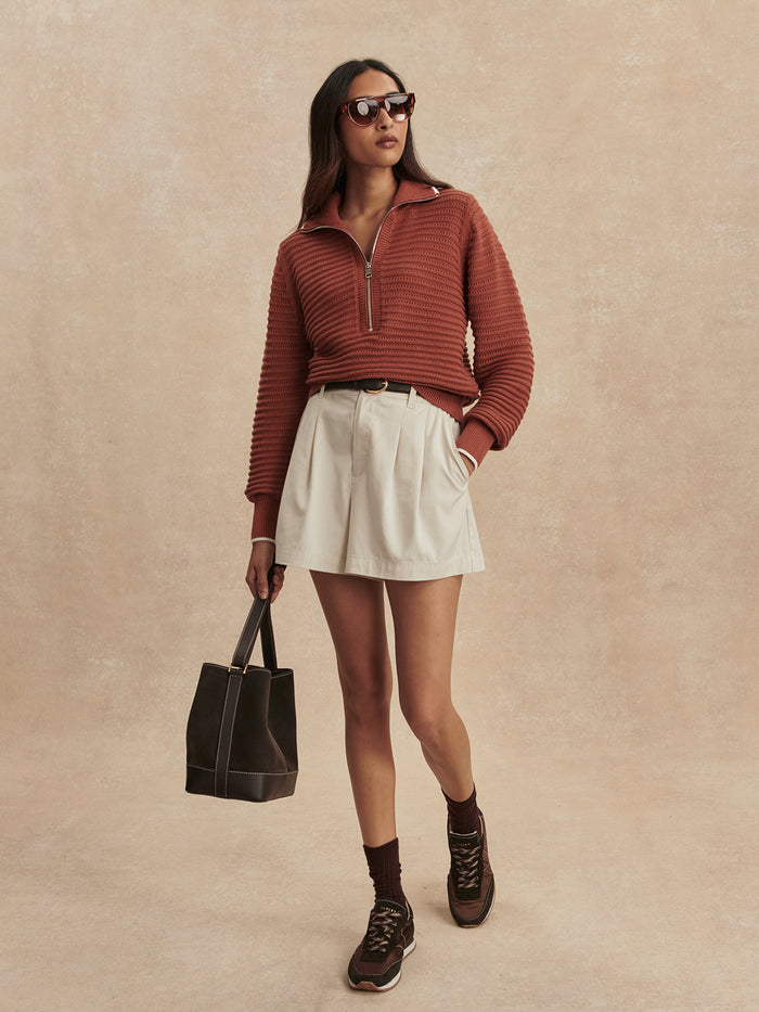 Maple|Morwenna Half Zip Knit in Maple, featuring a high neck with half-zip, long sleeves and ribbed cuffs, in a textured knit.