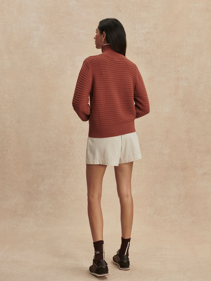 Maple|Rear view of the Morwenna Half Zip Knit in Maple, a warm brown knit sweater with long sleeves, high neck and half-zip.