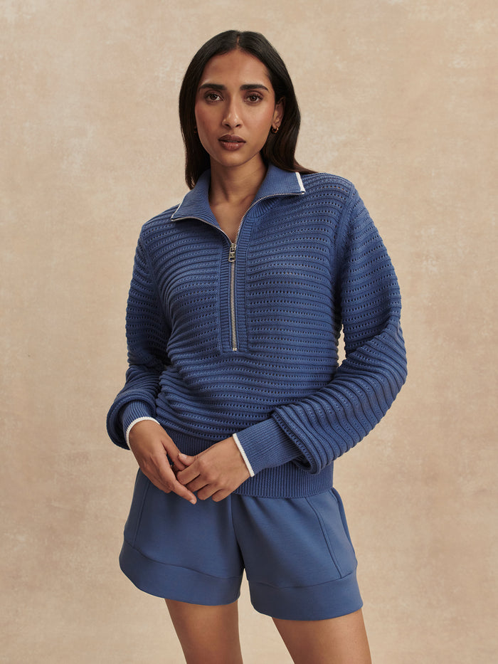 Bijou Blue|Front view of Morwenna Half Zip Knit in Bijou Blue, featuring long sleeves, high neck and half-zip on a textured knit.