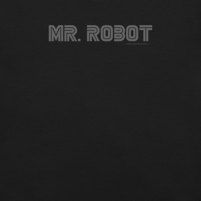 Close-up of Mr. Robot logo graphic tee fabric and print