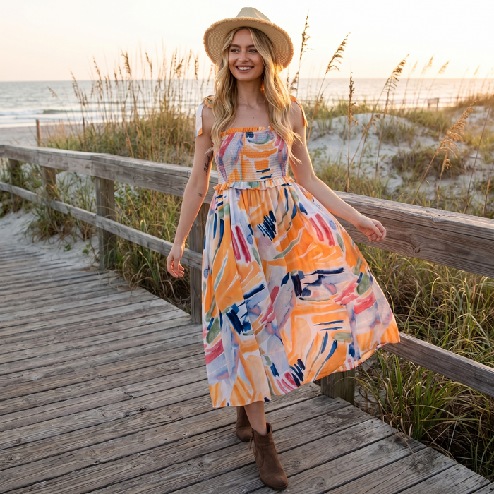 Multicolor Shoulder Tie Smocked Ruffle Lined Maxi Dress