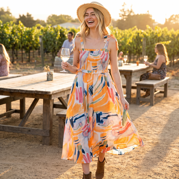 Multicolor Shoulder Tie Smocked Ruffle Lined Maxi Dress