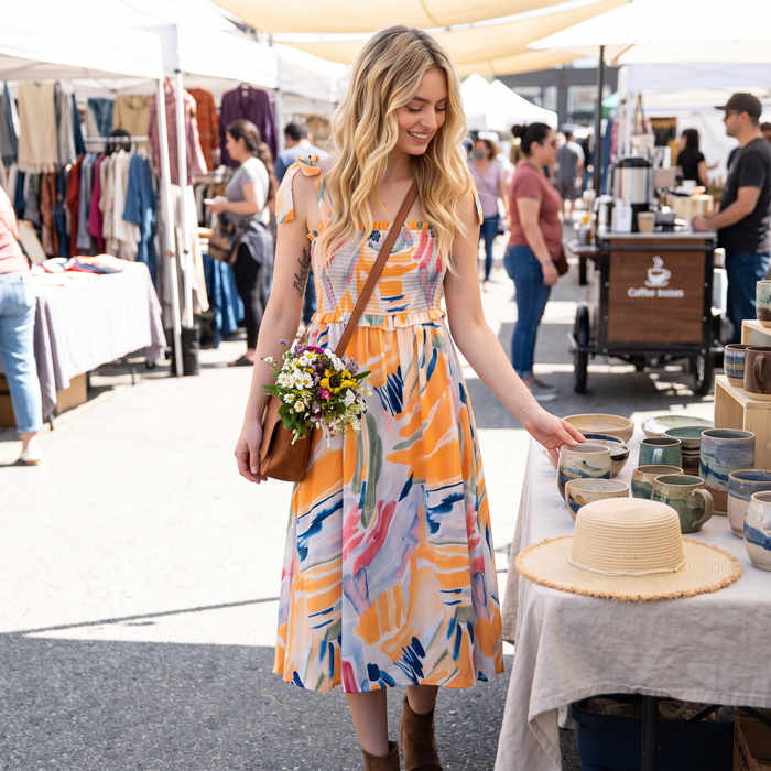 Multicolor Shoulder Tie Smocked Ruffle Lined Maxi Dress