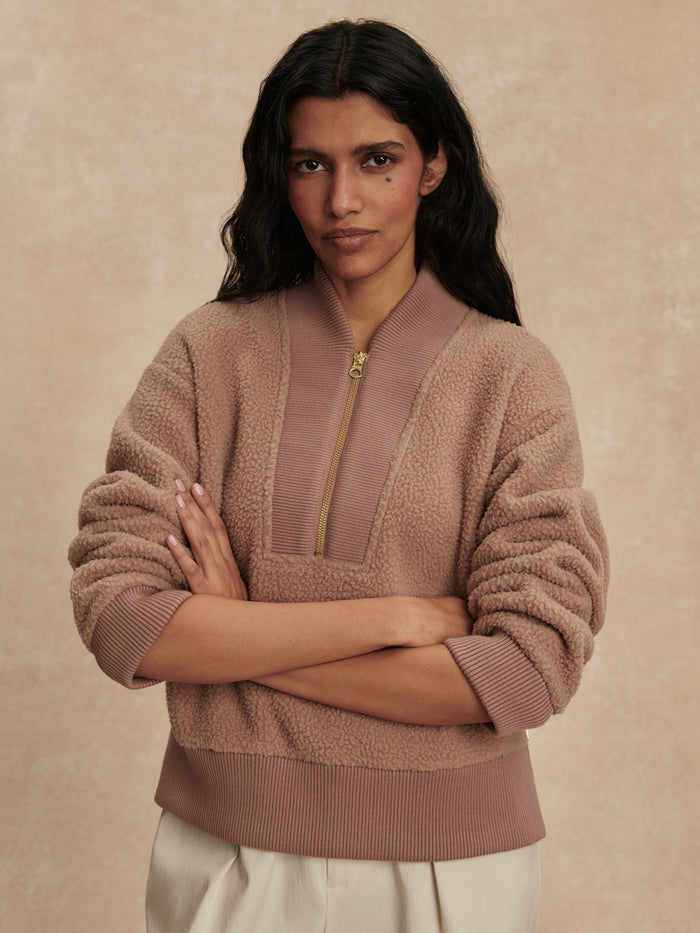 Ginger Snap|Front-facing Mumford Half Zip Fleece in Ginger Snap, a warm brown-ginger shade with a stand-up collar and half-zip, made from fleece.