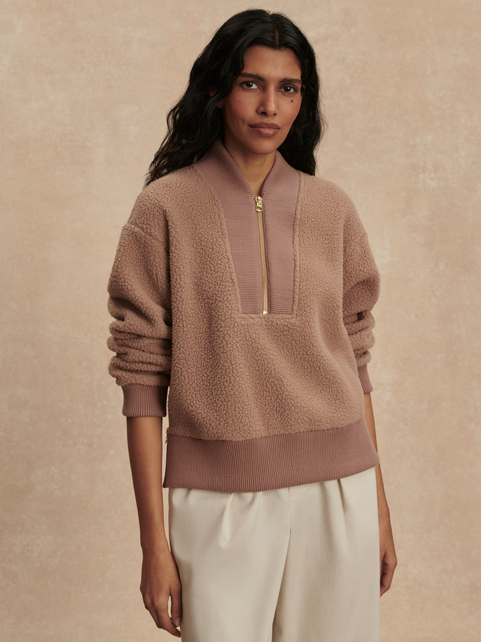 Ginger Snap|Mumford Half Zip Fleece in Ginger Snap, front-facing product shot showing a high collar with a subtle half-zip and long sleeves, soft fleece.