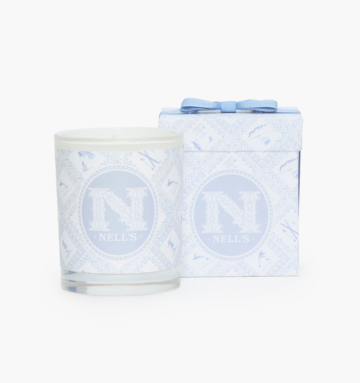 Nell's Candle in December in New York color: Blue Skiers Toile