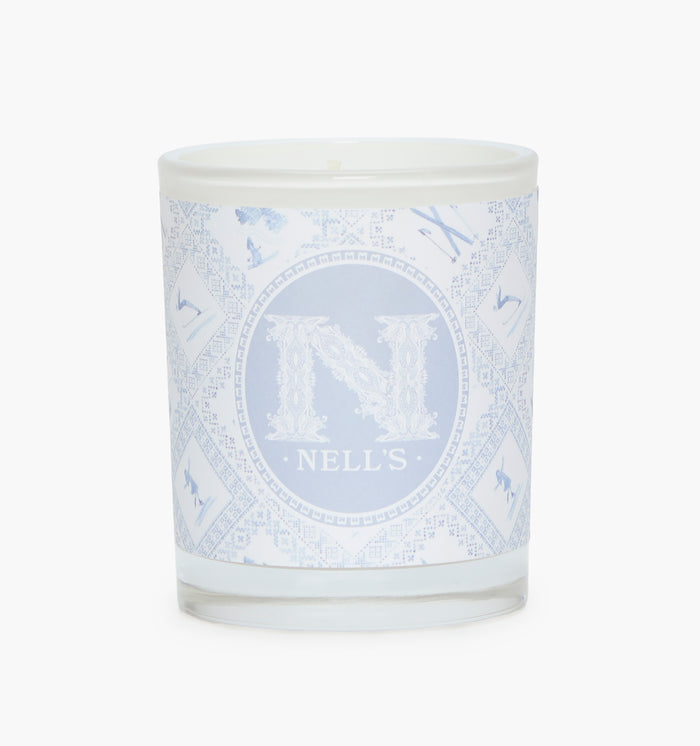 Nell's Candle in December in New York color: Blue Skiers Toile