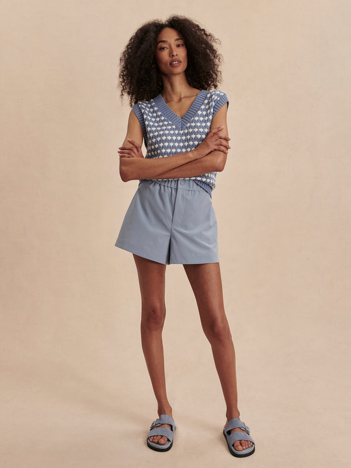 Rain Blue|Nila Mid Rise Short Rain Blue by Varley, lightweight athletic shorts in Rain Blue with a mid-rise fit for training and daily wear.