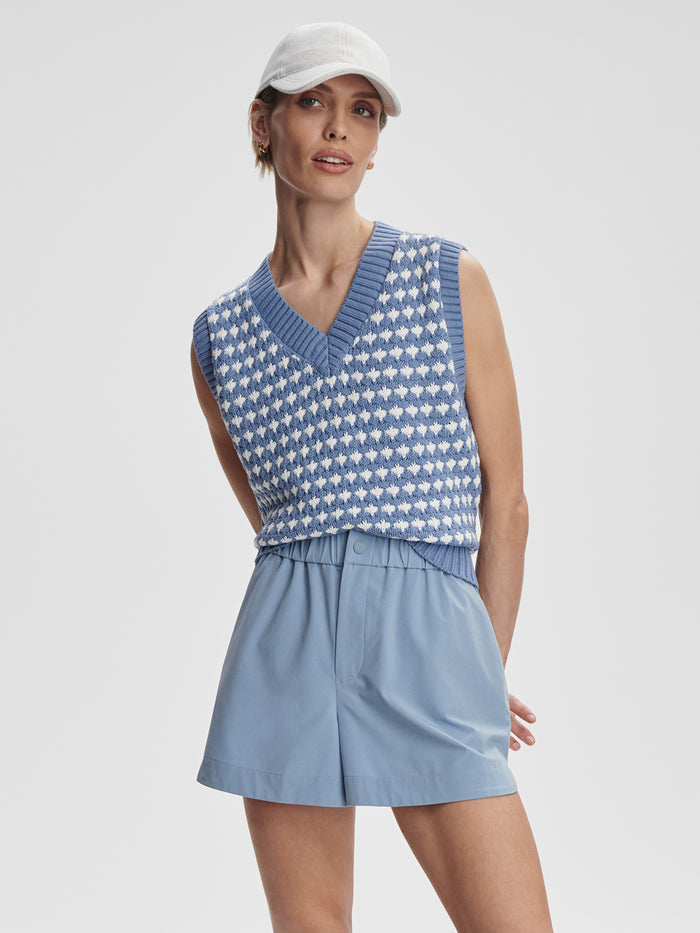 Rain Blue|Nila Mid Rise Short Rain Blue, front view of mid-rise athletic shorts in Rain Blue.