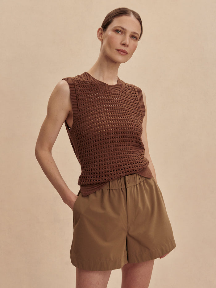 Taupe Stone|Nila Mid Rise Short in Taupe Stone, front-facing product image showing mid-rise shorts with a clean, minimalist silhouette.