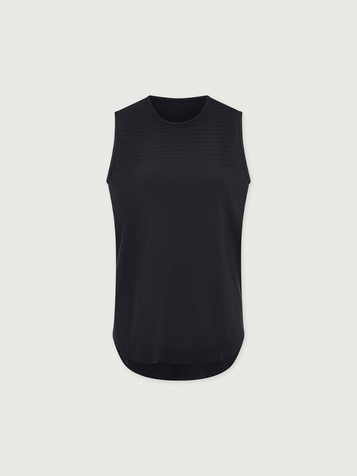 Black|Nolan Seamless Longline Tank in black, front view of sleeveless, seamless, extended-length tank top.