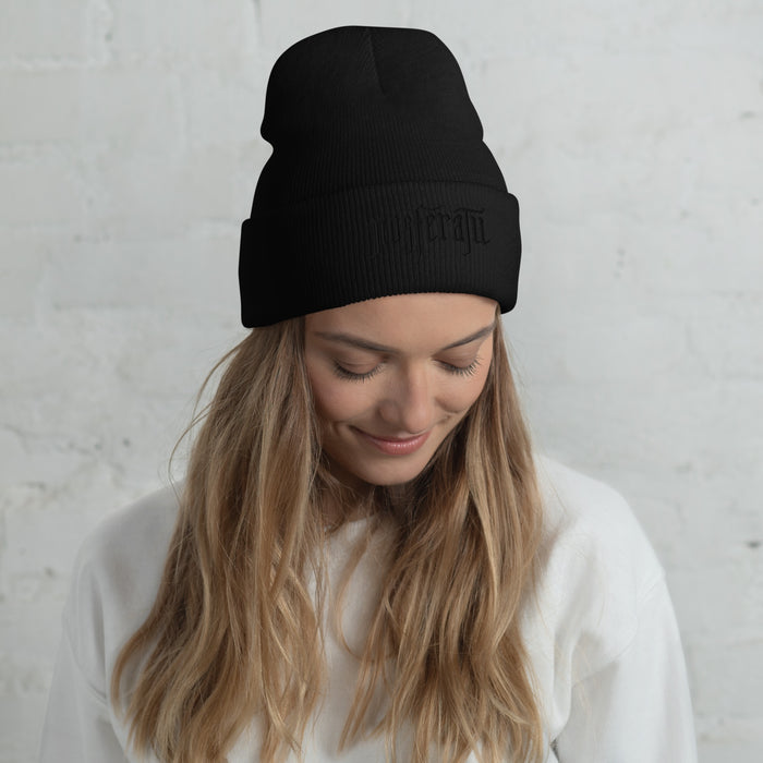 Folded black Nosferatu embroidered beanie shown on a neutral background