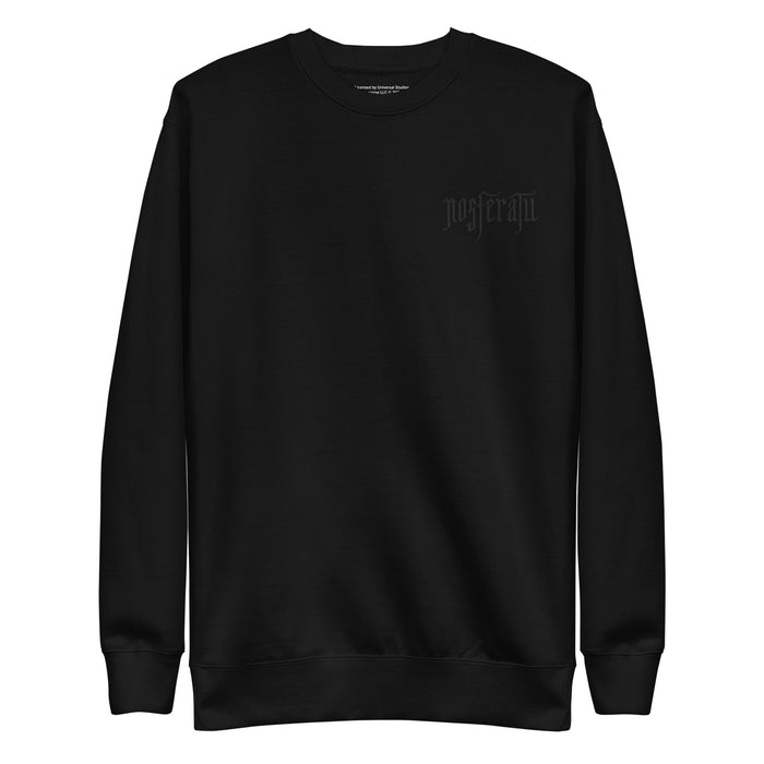 Black crew neck sweatshirt featuring the Nosferatu logo centered on the front chest