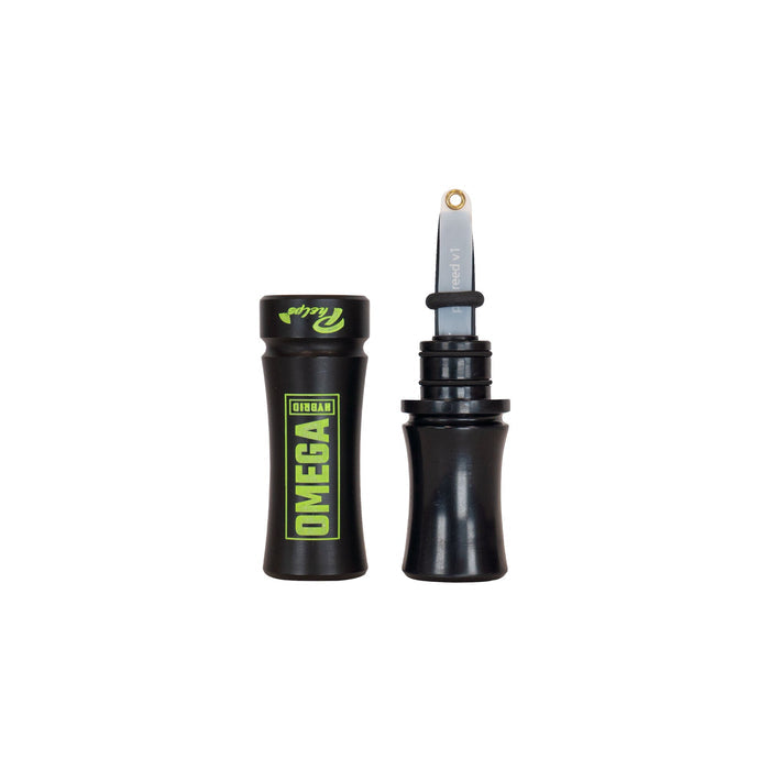 Black Phelps Omega Hybrid game call, disassembled to show its body with green branding and the reed assembly with 'reed v1' visible.