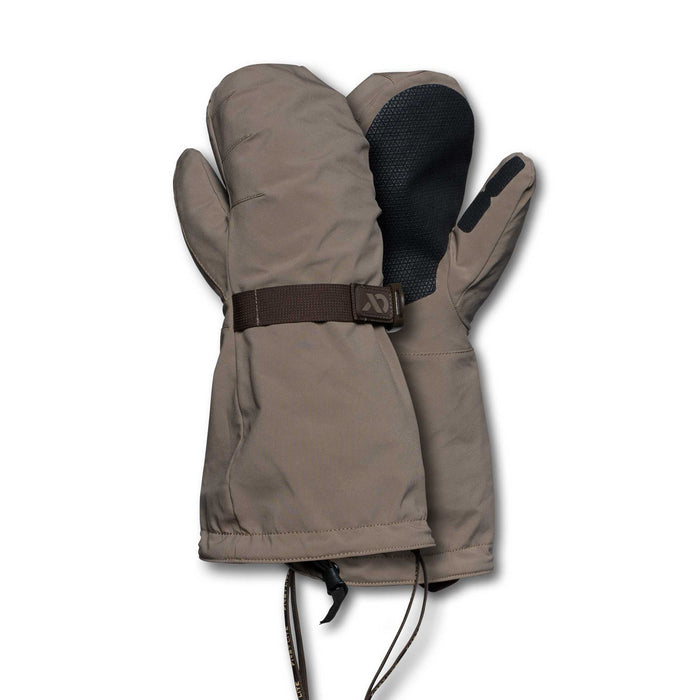 A pair of khaki winter mittens with black textured palms, brown adjustable wrist straps with a logo, and drawstring cuffs.