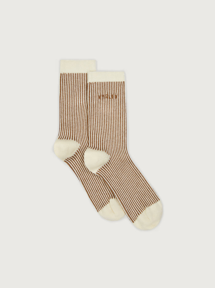 Roasted Pecan|Ormand Plush Stripe Sock in Roasted Pecan color, close-up product shot highlighting plush knit stripes and ribbed cuff.