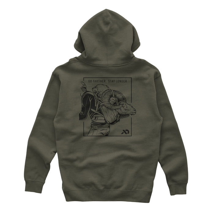 Military green hoodie with a back graphic depicting a person carrying a ram's head in a pack, above the text 'GO FARTHER. STAY LONGER'.