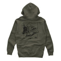Military green hoodie with a back graphic depicting a person carrying a ram's head in a pack, above the text 'GO FARTHER. STAY LONGER'.