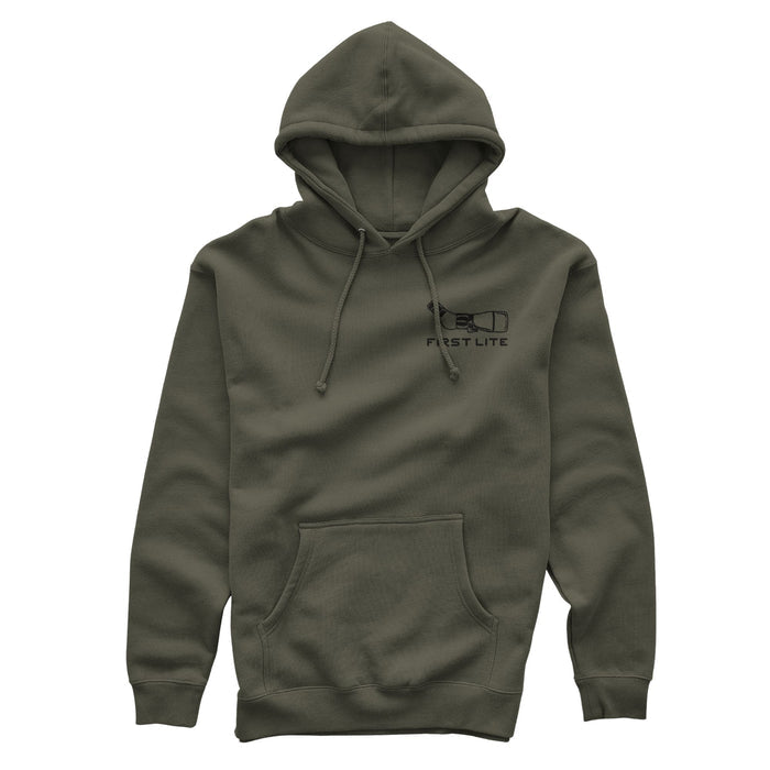 Military green hoodie featuring a hood with drawstrings, a front kangaroo pocket, and a "FIRST LITE" text with a binocular graphic on the chest.