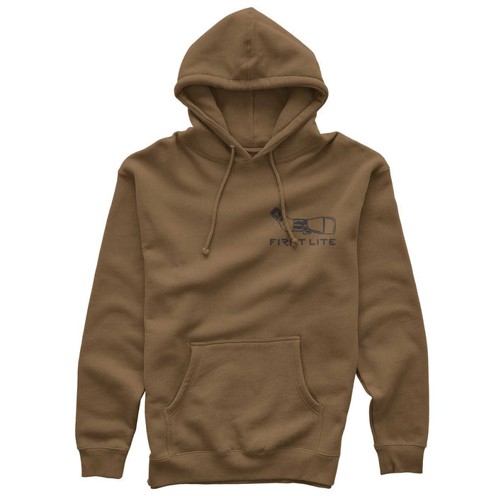 Earthy brown hoodie featuring a hood with drawstrings, a front kangaroo pocket, and a "FIRST LITE" text with a binocular graphic on the chest.