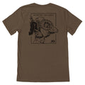 Heather brown t-shirt with a black graphic on the back: a framed illustration of a person carrying a bighorn ram, topped by the text 'GO FARTHER. STAY LONGER'.
